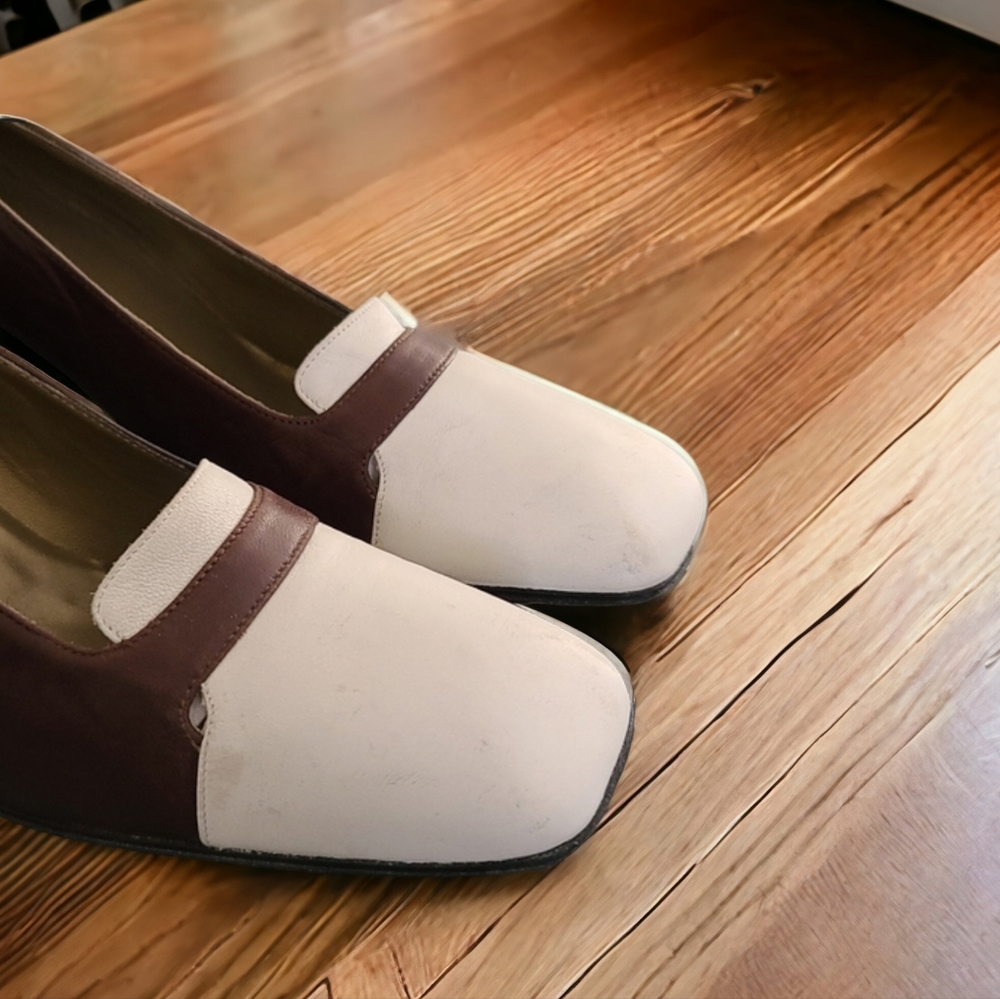 VTG YSL Retro Mod Square Toe Leather Pumps 8 N Heels Brown Yves Saint Laurent - Picture 11 of 16